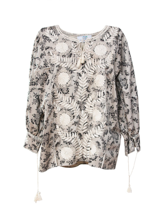 Blusa larga estampada, bordado Aguacatenango. Beige